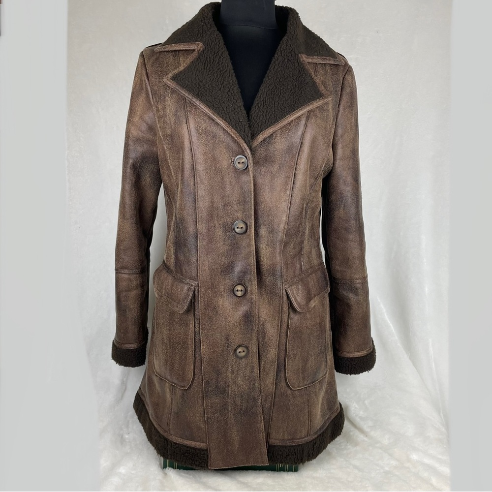 Spanner Jacket Brown Distressed Long Coat Women’s Size Small S Warm Fleece Lined